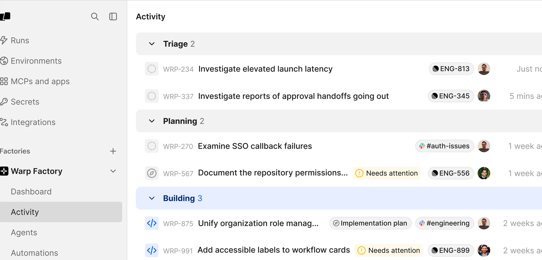 The Activity page of the factory dashboard, listing work items grouped under Triage, Planning, Building, and Reviewing.